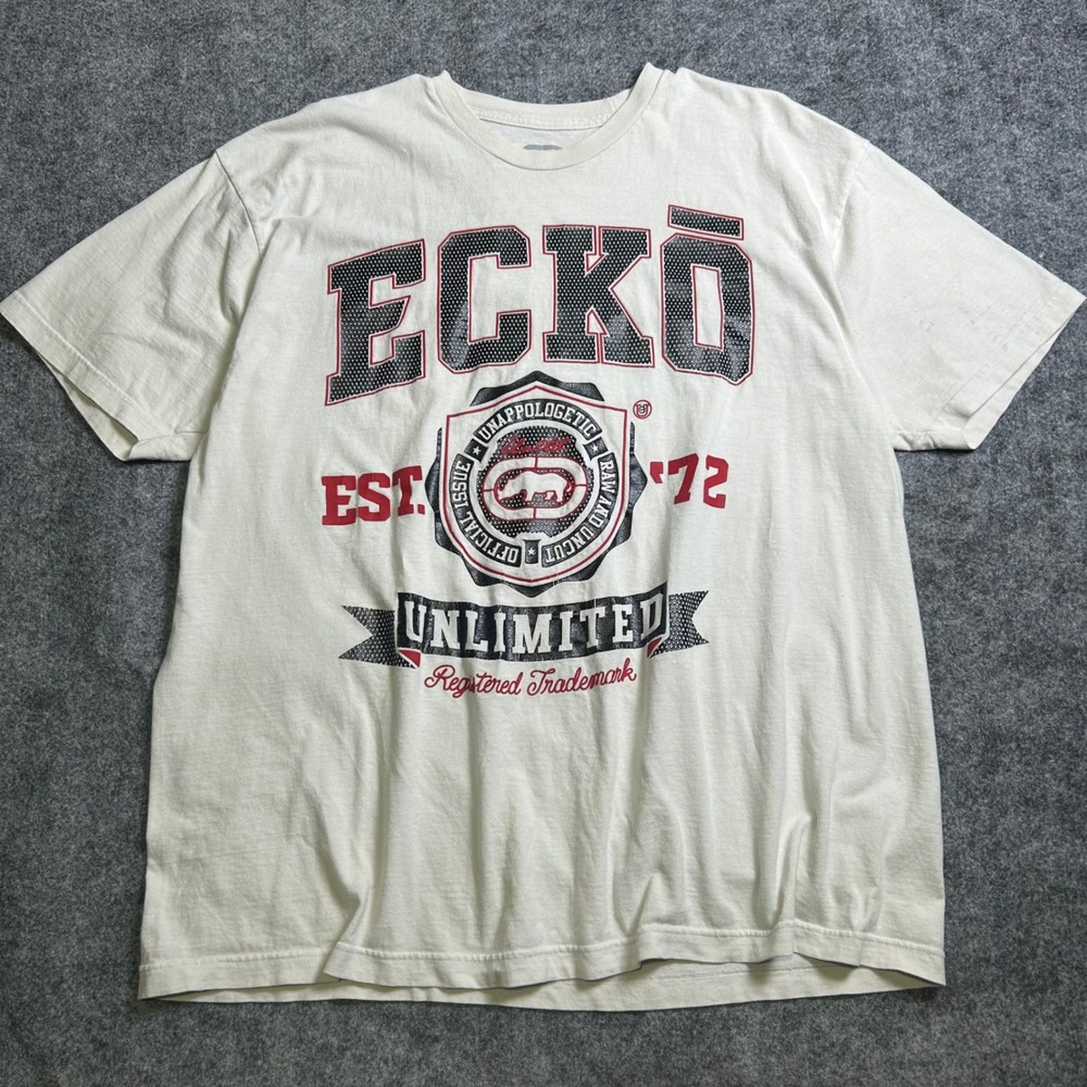 Ecko Unltd Graphic T-Shirt Cream Red Black Rhino Logo Y2K Skater Size 2XL - Picture 2 of 8